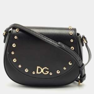 Dolce & Gabbana Bambino Black Leather Logo Studded Flap Crossbody Bag