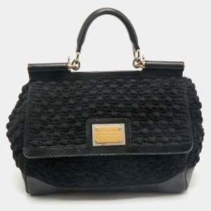 Dolce & Gabbana Black Crochet and Snakeskin Large Miss Sicily Top Handle Bag