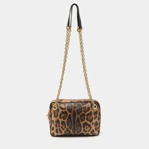 Dolce & Gabbana Brown Leopard Print Coated Canvas Chain Shoulder Bag