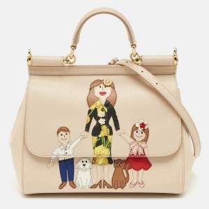 Dolce & Gabbana Cream Leather Medium Miss Sicily Family Patch Top Handle Bag