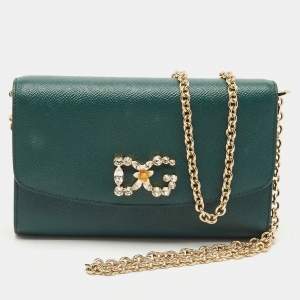 Dolce & Gabbana Dark Green Leather DG Logo Crystals Wallet on Chain