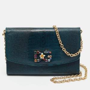 Dolce & Gabbana Dark Blue Lizard Embossed Leather DG Millennials Crystals Wallet on Chain