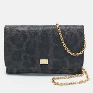 Dolce & Gabbana Black/Grey Leopard Print Coated Canvas Nina Chain Clutch