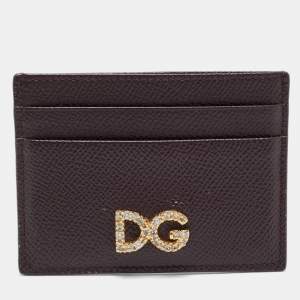 Dolce & Gabbana Burgundy Leather Crystal Embellished Logo Card Holder