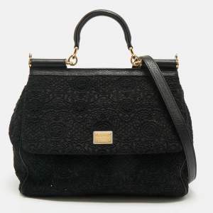 Pre Owned Dolce & Gabbana Black Lace and Leather Large Miss Sicily Top Handle Bag
