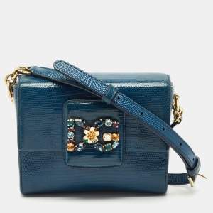 Pre Owned Dolce & Gabbana Blue Lizard Embossed Leather Mini DG Millennials Crystals Bag