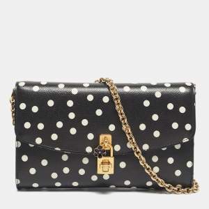 Dolce & Gabbana Black/White Polka Dot Leather Padlock Chain Clutch