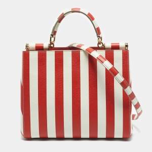 Pre Owned Dolce & Gabbana Red/White Leather Medium Miss Sicily Top Handle Bag