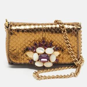 Dolce & Gabbana Gold Snakeskin Crystals Embellished Chain Pouch