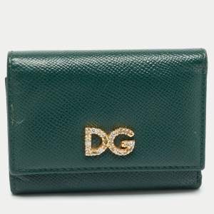 Pre Owned Dolce & Gabbana Green Leather DG Crystals Trifold Wallet
