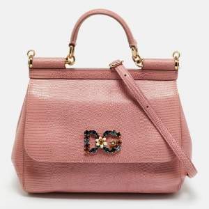 Pre Owned Dolce & Gabbana Pink Lizard Embossed Leather Medium Crystal DG Miss Sicily Top Handle Bag
