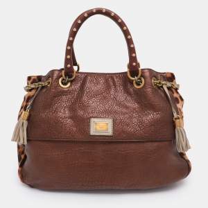 Pre Owned Dolce & Gabbana Brown/Beige Calf Hair and Leather Drawstring Tassel Satchel