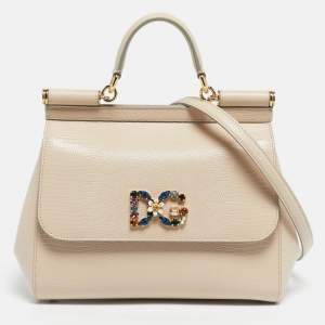 Pre Owned Dolce & Gabbana Beige Lizard Embossed Leather Medium DG Crystals Sicily Top Handle Bag