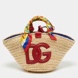 Pre Owned Dolce & Gabbana Red/Natural Raffia Small Kendra Shopper Tote