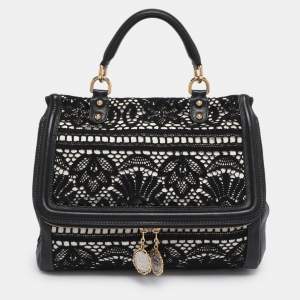 Pre Owned Dolce & Gabbana Black/White Lace and Leather Large Miss Sicily Top Handle Bag