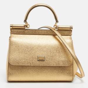 Pre Owned Dolce & Gabbana Gold Leather Small Miss Sicily Top Handle Bag
