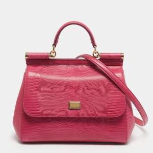 Pre Owned Dolce & Gabbana Fuchsia Lizard Embossed Leather Medium Miss Sicily Top Handle Bag