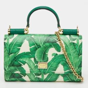 Pre Owned Dolce & Gabbana Green Leaf Print Leather Miss Sicily Von Wallet On Chain