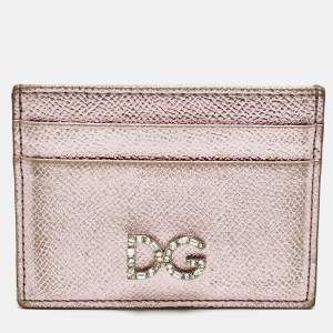 Pre Owned Dolce & Gabbana Metallic Pink Leather DG Crystals Card Holder