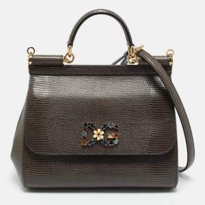 Pre Owned Dolce & Gabbana Dark Grey Lizard Embossed Leather Medium Crystal DG Miss Sicily Top Handle Bag
