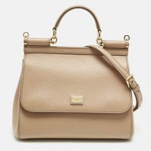 Pre Owned Dolce & Gabbana Beige Leather Medium Miss Sicily Top Handle Bag