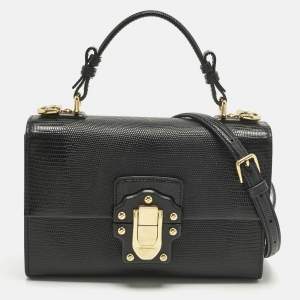 Pre Owned Dolce & Gabbana Black Lizard Embossed Leather Small Lucia Top Handle Bag