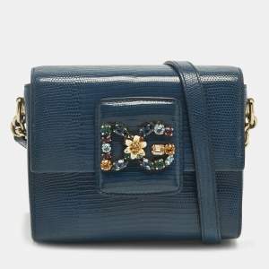 Pre Owned Dolce & Gabbana Blue Lizard Embossed Leather Small DG Millennials Shoulder Bag