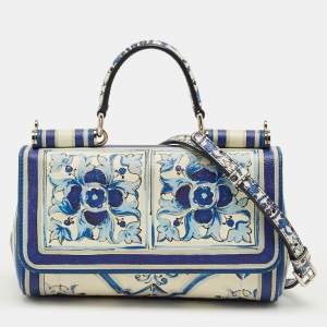 Pre Owned Dolce & Gabbana Blue/White Majolica Printed Leather Micro Miss Sicily Top Handle Bag