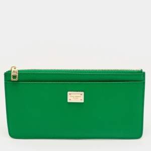 Pre Owned Dolce & Gabbana Green Leather Logo Zip Long Wallet