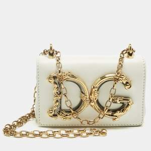 Pre Owned Dolce & Gabbana White Leather Micro DG Girls Crossbody Bag