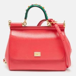 Pre Owned Dolce & Gabbana Coral Pink Leather Medium Studded Sicily Top Handle Bag