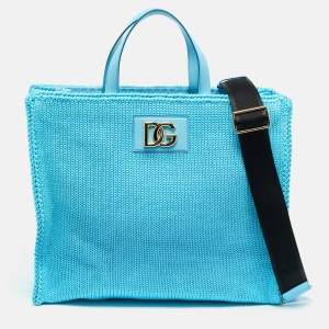 Pre Owned Dolce & Gabbana Light Blue Knitted Crochet DG Logo Tote