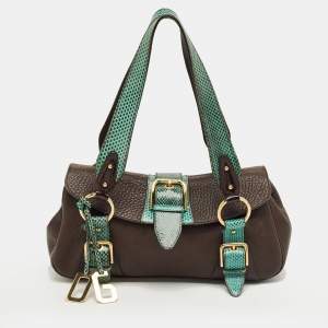 Pre Owned Dolce & Gabbana Brown/Green Leather and Ayers Buckle Flap Satchel