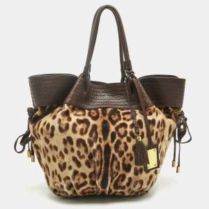 Pre Owned Dolce & Gabbana Brown Leopard Calfhair and Leather Drawstring Hobo