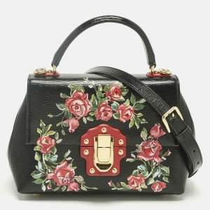 Pre Owned Dolce & Gabbana Black Leather Floral Lucia Top Handle Bag