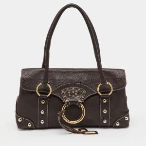 Pre Owned Dolce & Gabbana Dark Brown Leather Studded DG Flap Satchel