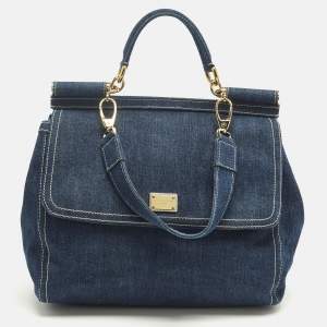 Pre Owned Dolce & Gabbana Blue Denim Large Miss Sicily Top Handle Bag