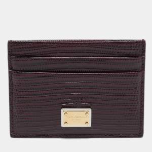 Pre Owned Dolce & Gabbana Burgundy Lizard Embossed Leather Logo Card Holder