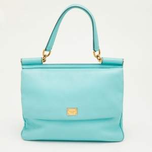 Pre Owned Dolce & Gabbana Miss Sicily Large Aqua Blue Leather Top Handle Bag