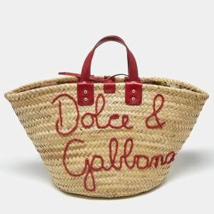 Pre Owned Dolce & Gabbana Kendra Embroidered Red/Cream Lizard Embossed Leather and Raffia Basket Bag