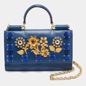 Pre Owned Dolce & Gabbana Miss Sicily Von Embellished Blue Leather Wallet On Chain
