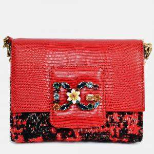 Pre Owned Dolce & Gabbana Red Embossed Leather Tweed Crystal DG Mini Crossbody Bag