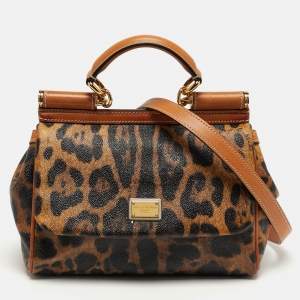 مملوكة مسبقًا Dolce & Gabbana Miss Sicily Medium Tan Leopard Print Coated Canvas and Leather Top Handle Bag