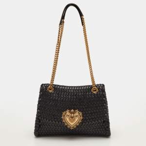 Pre Owned Dolce & Gabbana Devotion Black Woven Leather Flap Shoulder Bag