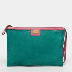 Pre Owned Dolce & Gabbana Green/Pink Woven PVC Wristlet Zip Pouch