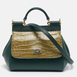 مملوكة مسبقًا Dolce & Gabbana Miss Sicily Micro Two Tone Green Leather and Croc Top Handle Bag