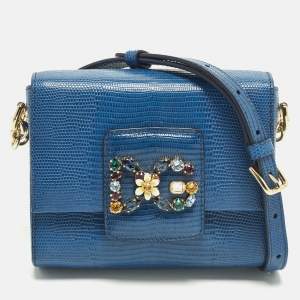 Pre Owned Dolce & Gabbana DG Millennials Crystals Mini Blue Lizard Embossed Leather Bag