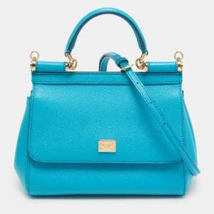 Pre Owned Dolce & Gabbana Miss Sicily Small Turquoise Blue Leather Top Handle Bag