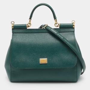 Pre Owned Dolce & Gabbana Miss Sicily Medium Green Leather Top Handle Bag
