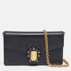 مملوكة مسبقًا Dolce & Gabbana Lucia Black Lizard Embossed Leather Wallet On Chain